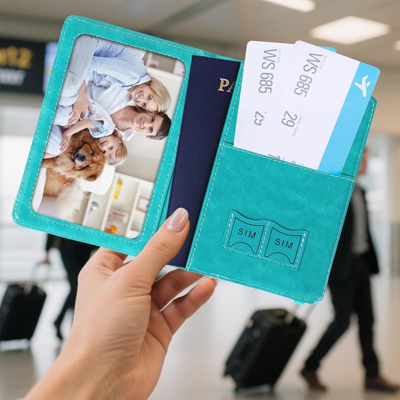 RHOttbiy Passport Holder for Travel, RFID Blocking Passport Cover with Pen Holder Leather Passport Wallet Case Travel Must Haves Accessories Passport Book Card Holder for Family Travel Essentials, Turquoise - Image 2